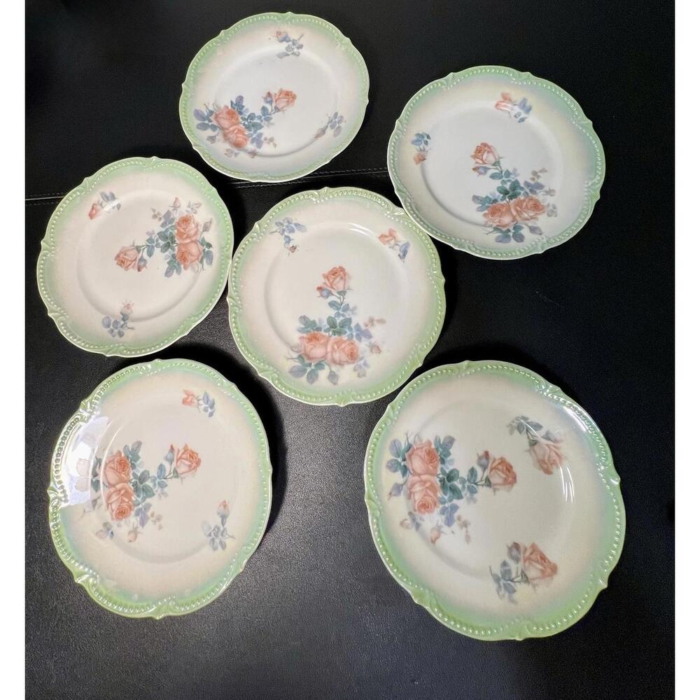 P.K. Silesia Antique 1920s Green Rim Floral Dessert Plates Set of 6 6.5”